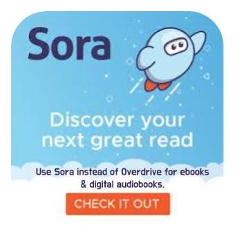 Sora app logo of a rocketship witht he words discover your next read. Use Sora instead of Overdrive for ebooks and digital audiobooks.